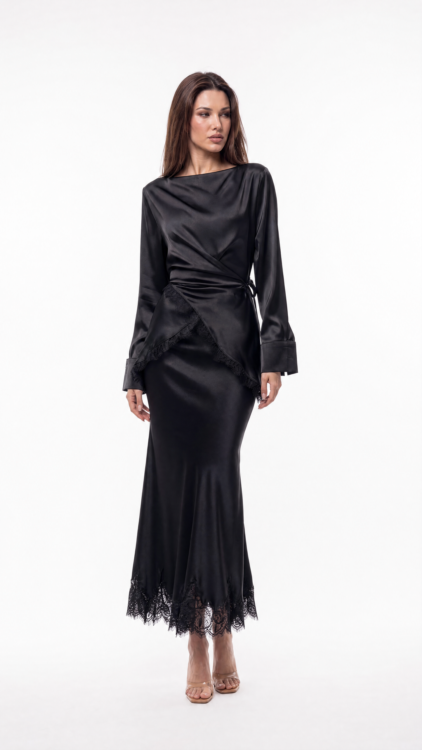 Draped Wrap Satin Top & Midi Skirt Set