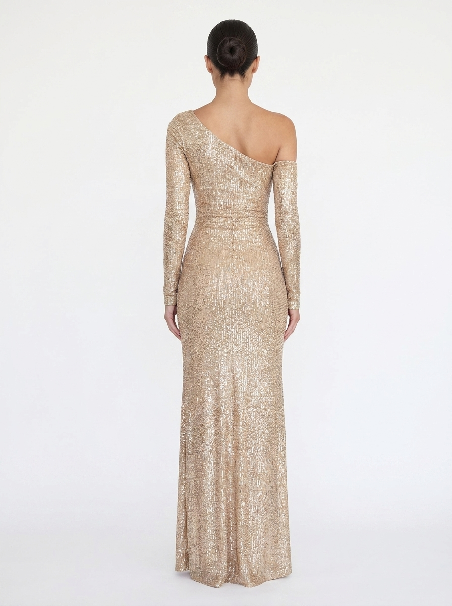 Sequin One-Shoulder Long Sleeve Bodycon Maxi Dress