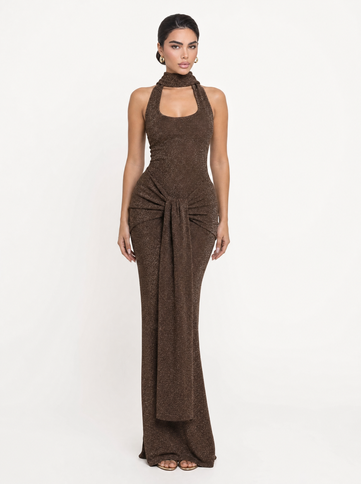 Lurex Halter Neck Bow Front Bodycon Maxi Dress