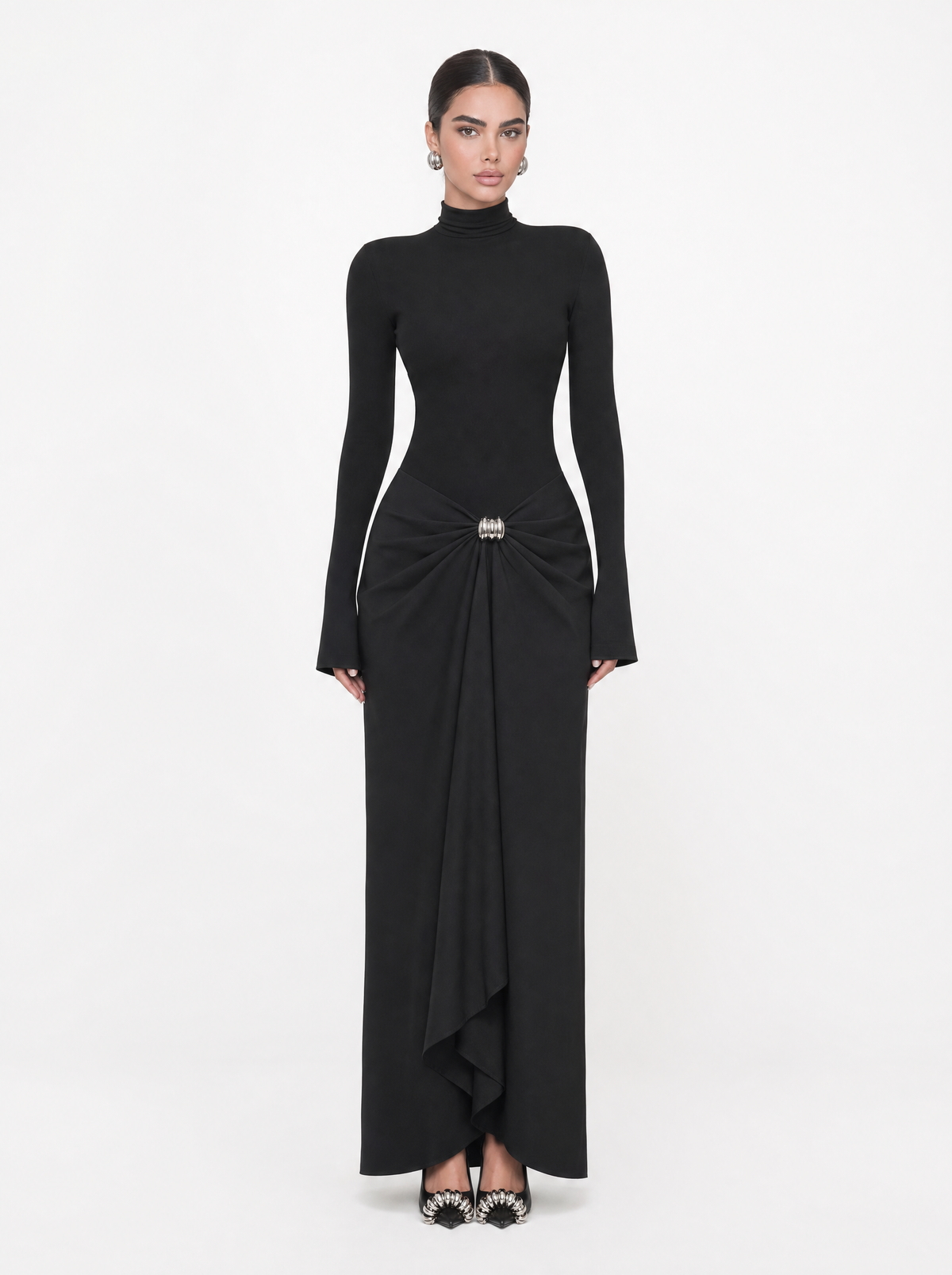 Black Turtleneck Embellished Draped Maxi Dress