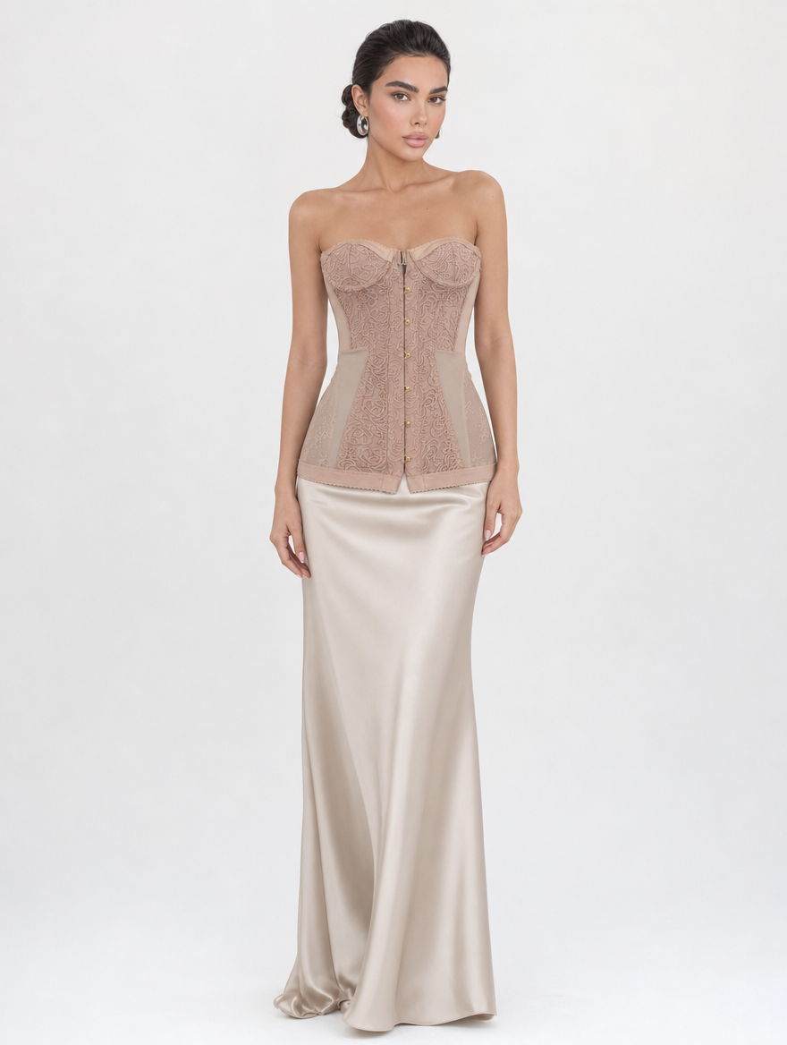 Embroidered Corset Satin Set
