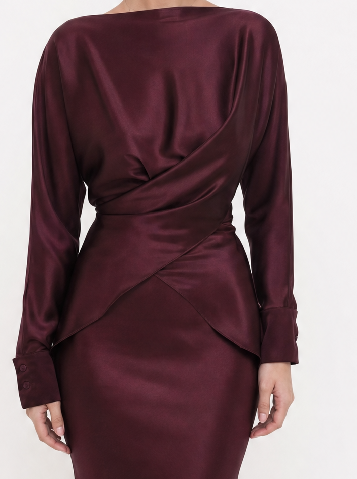 Burgundy Satin Draped Co-ord Set