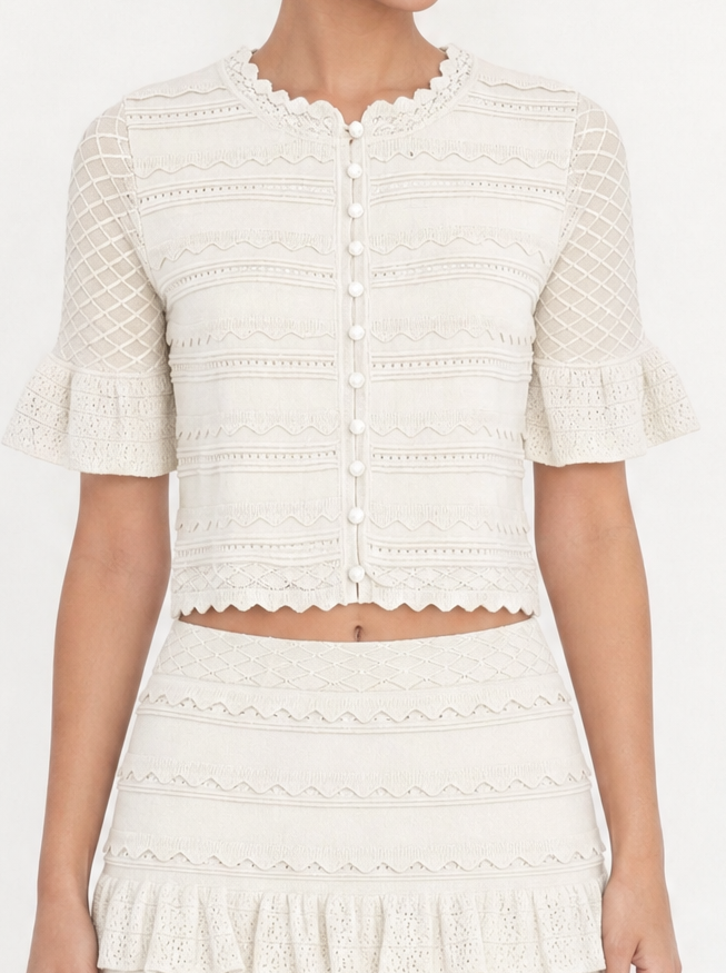 Crochet Knit Crop Top & Ruffle Mini Skirt Co-ord Set