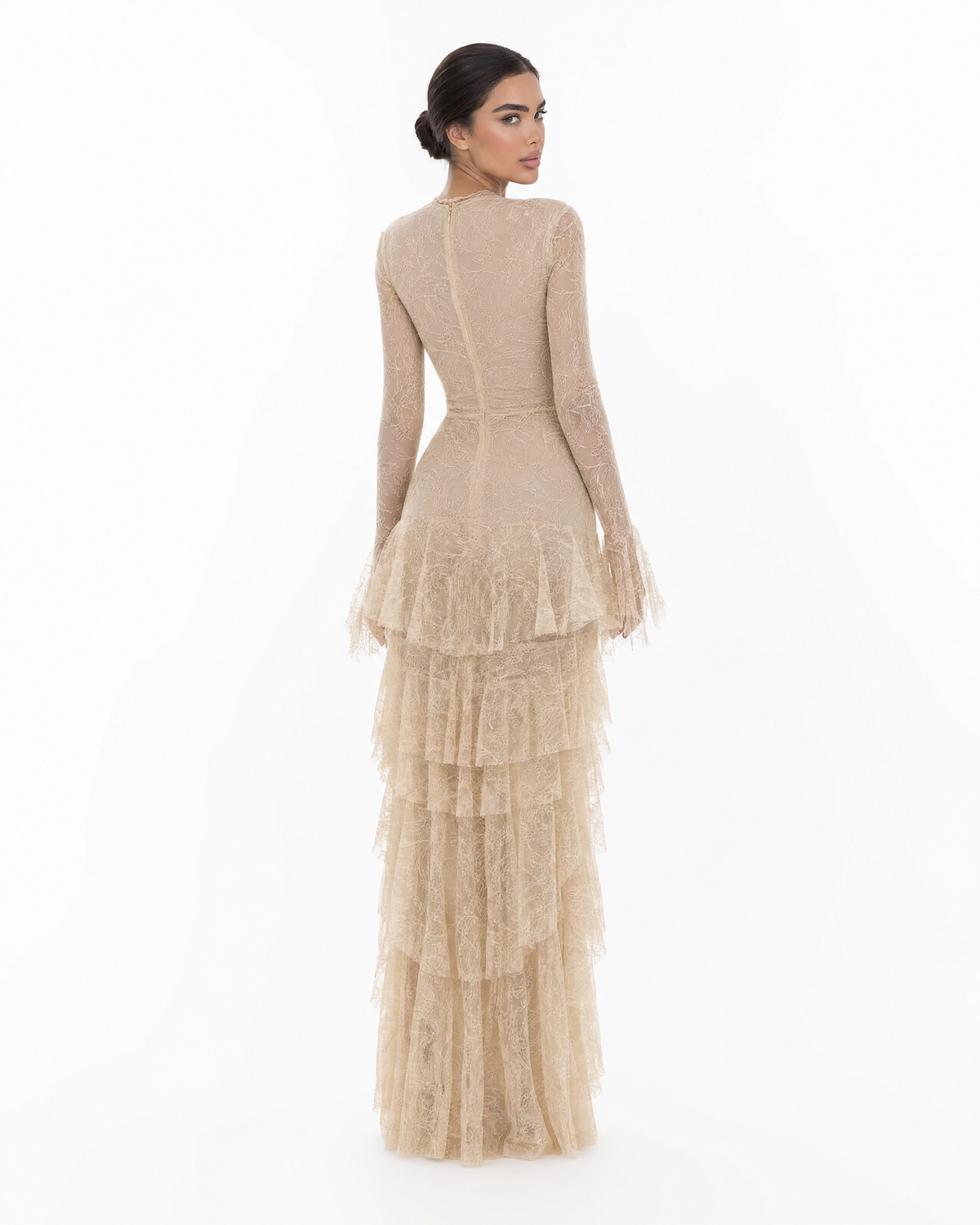 Deep V Lace Ruffle Train Gown Dress