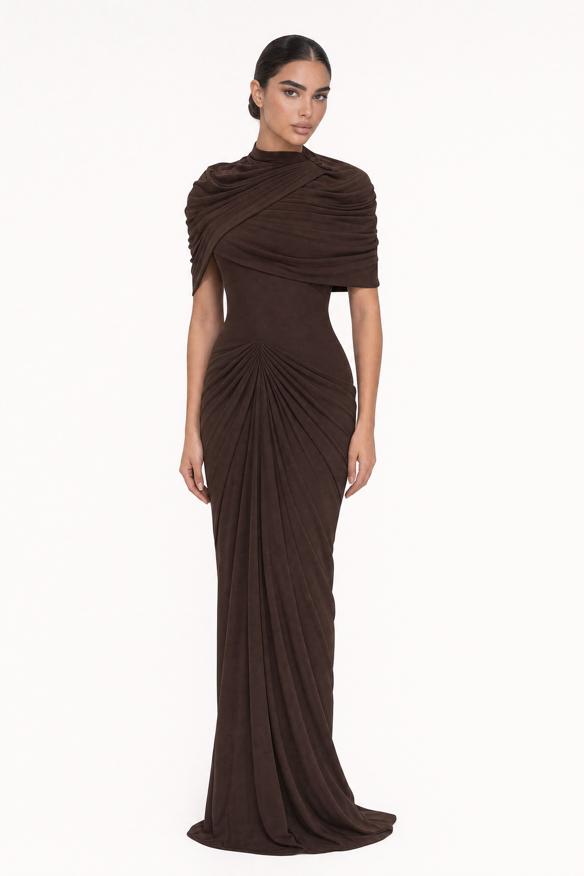 Mock Neck Ruched Shoulder Starburst Draped Mermaid Maxi Dress