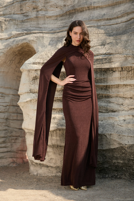 Velour Draped Cape Maxi Dress