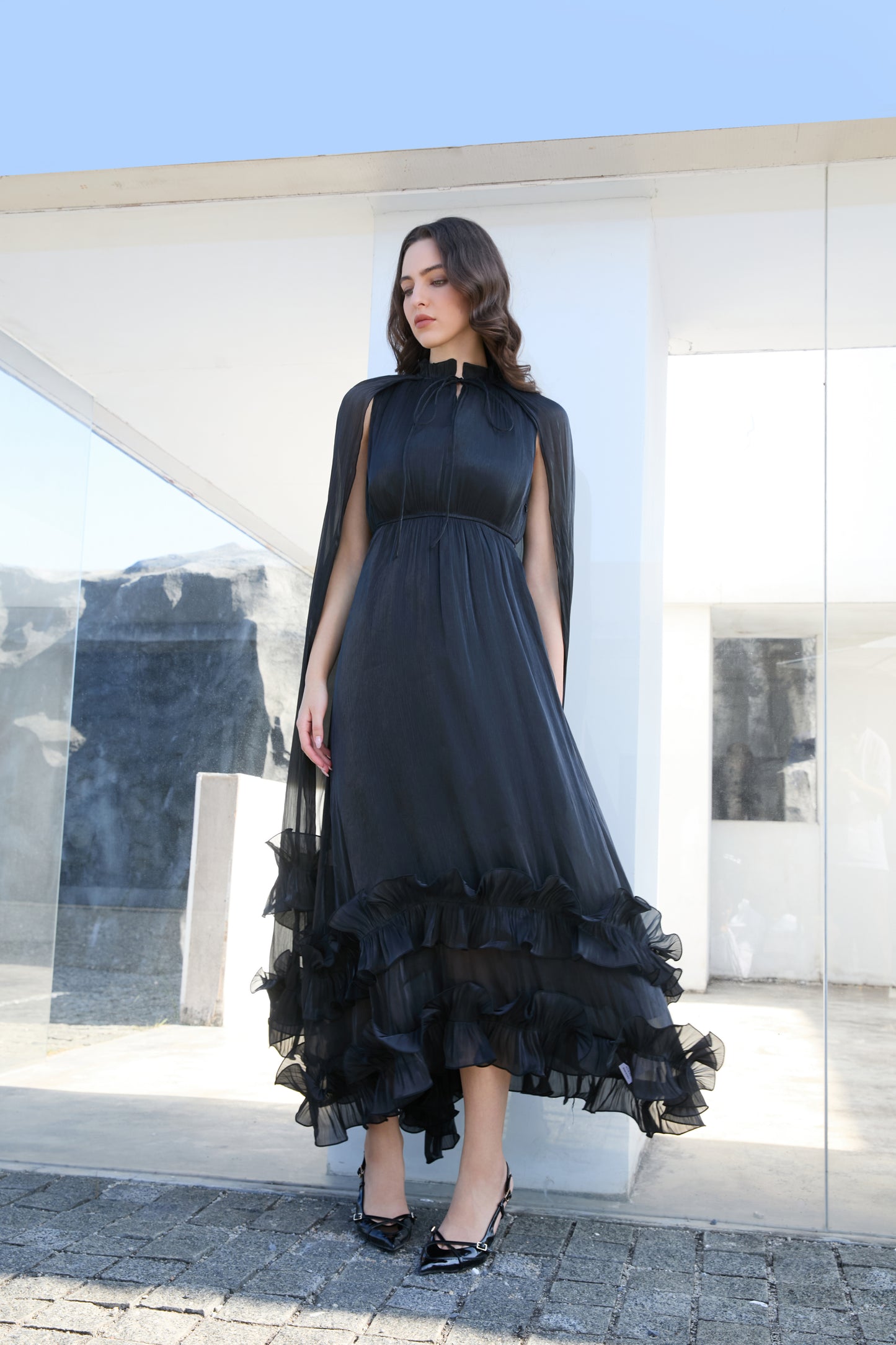 Soft Chiffon Drape-Back Maxi Dress