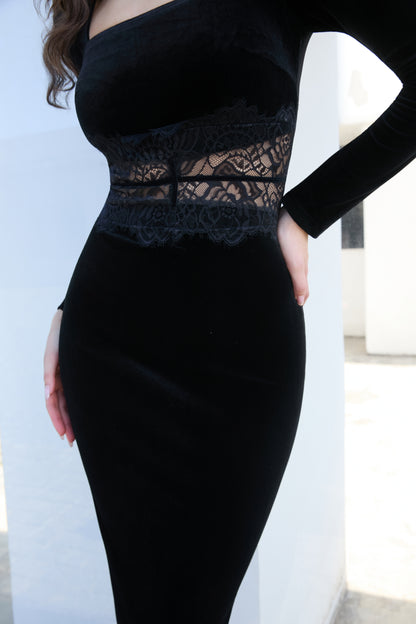 Lace-Panel Long-Sleeve Midi Dress