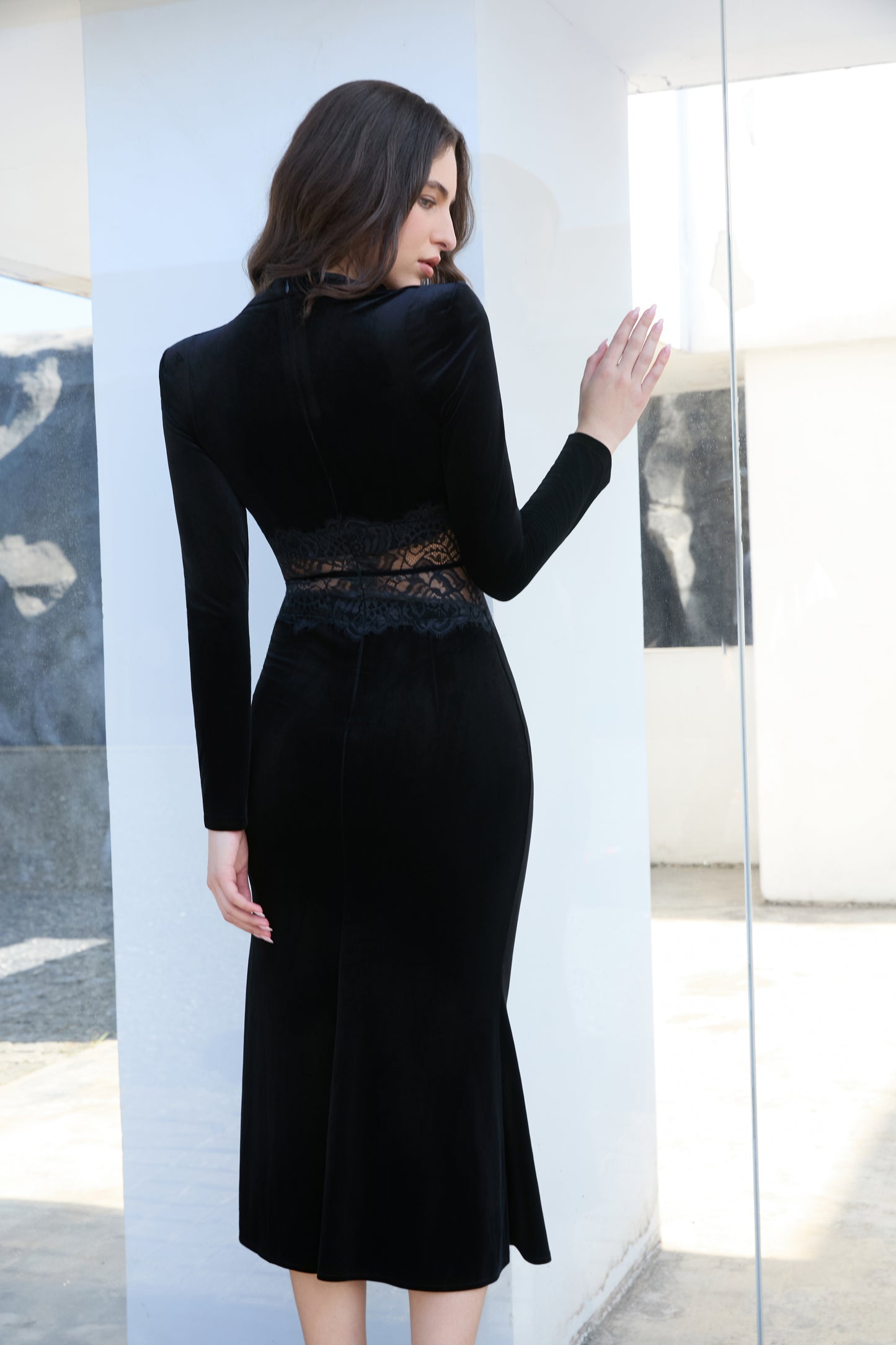 Lace-Panel Long-Sleeve Midi Dress