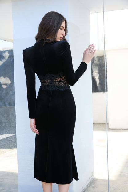 Lace-Panel Long-Sleeve Midi Dress