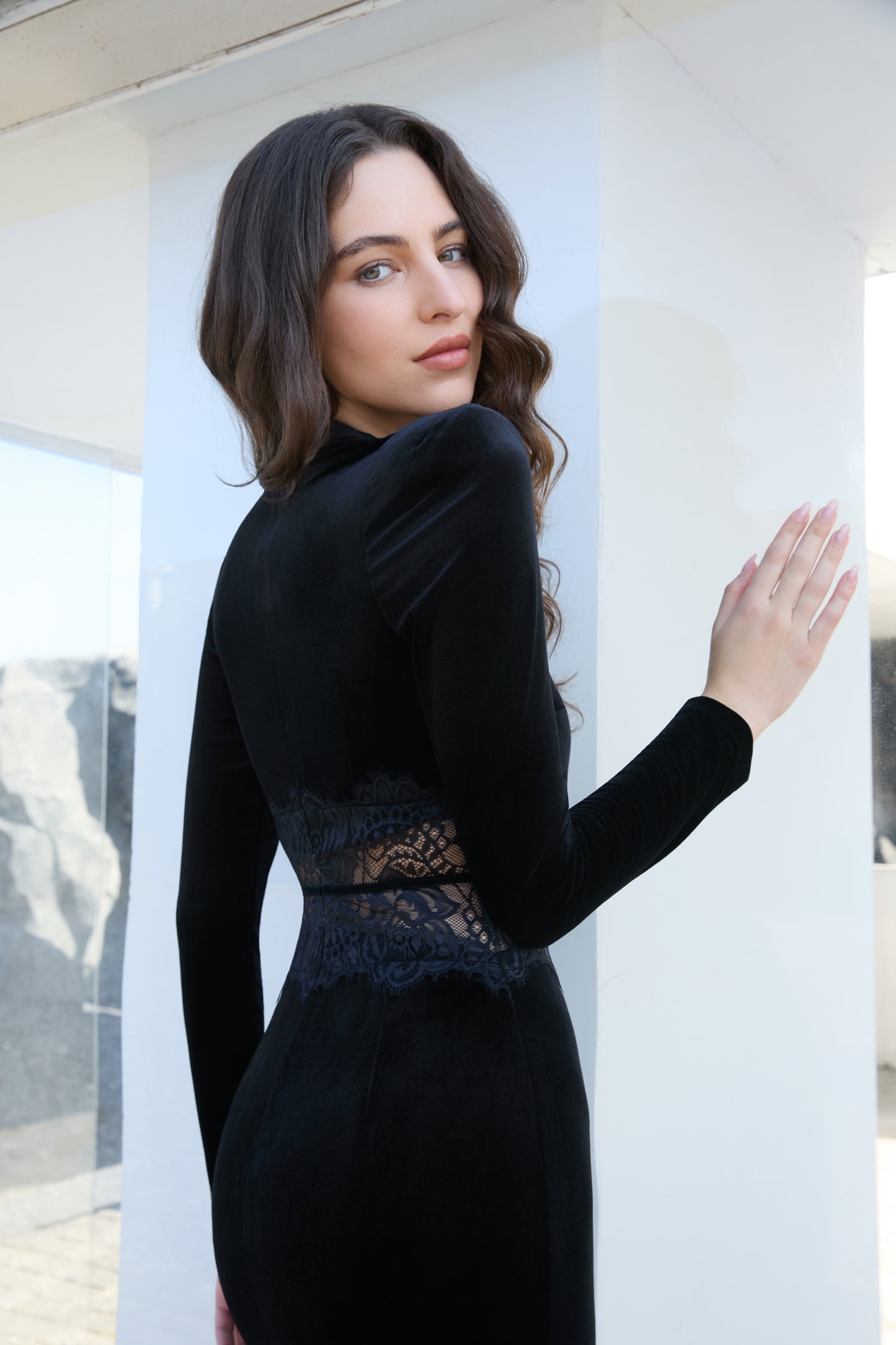 Lace-Panel Long-Sleeve Midi Dress