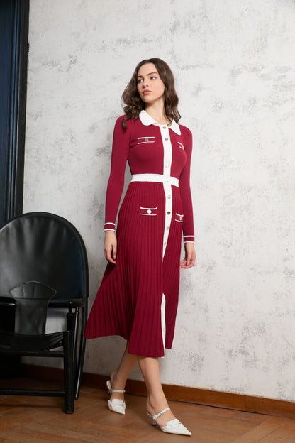 Contrast Collar Button-Front Midi Dress