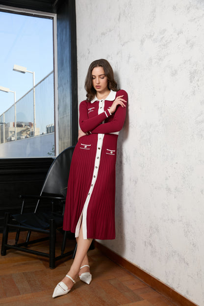 Contrast Collar Button-Front Midi Dress