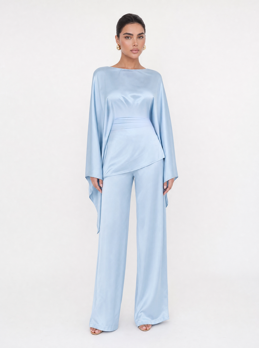 Satin Cape Sleeve Top & Wide Leg Trouser Co-ord Set