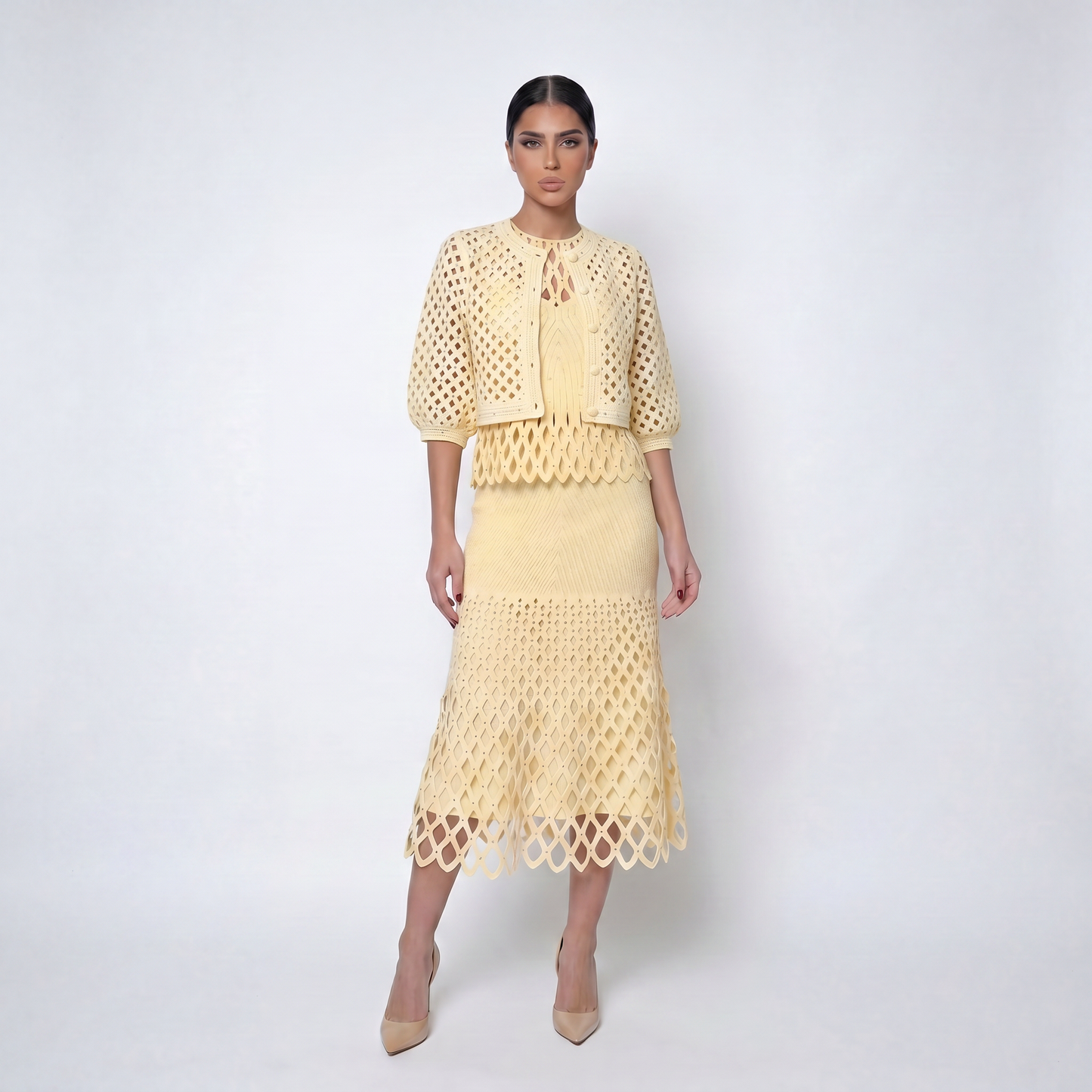 Elegant Corchet 	Knit Three-Piece Set