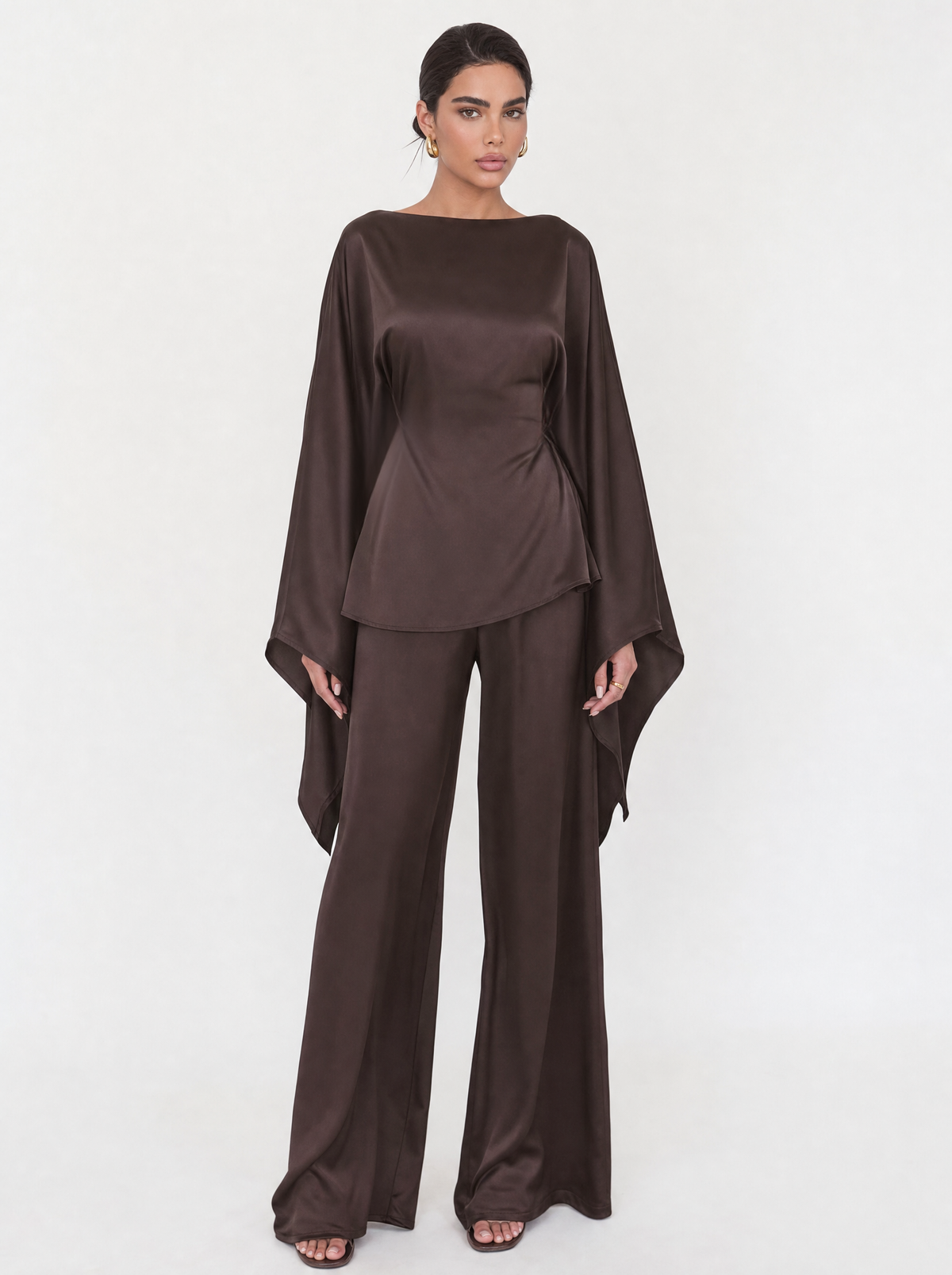 Satin Cape Sleeve Top & Wide Leg Trouser Co-ord Set
