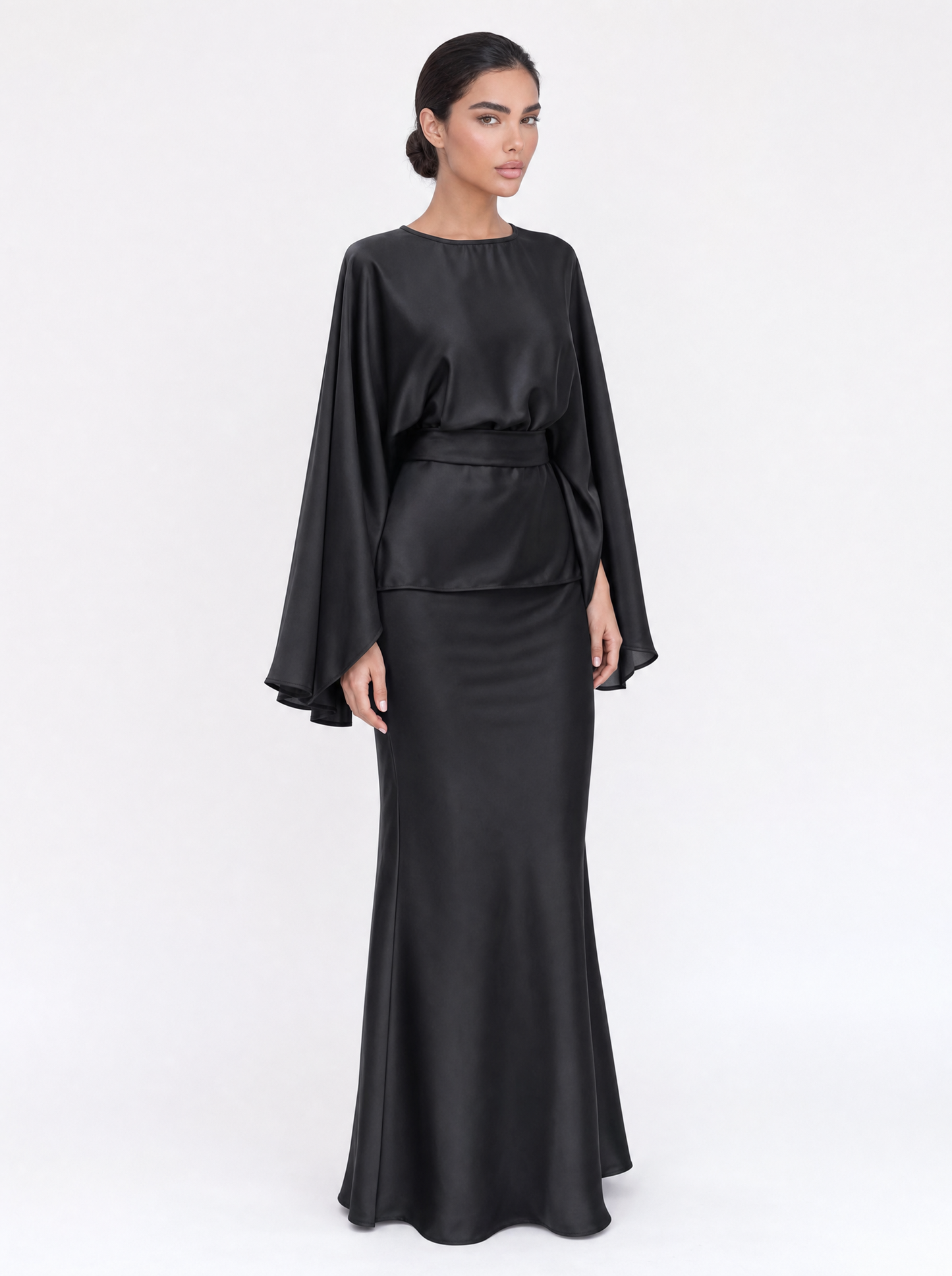 Cape Sleeve Satin Top & Mermaid Skirt Set