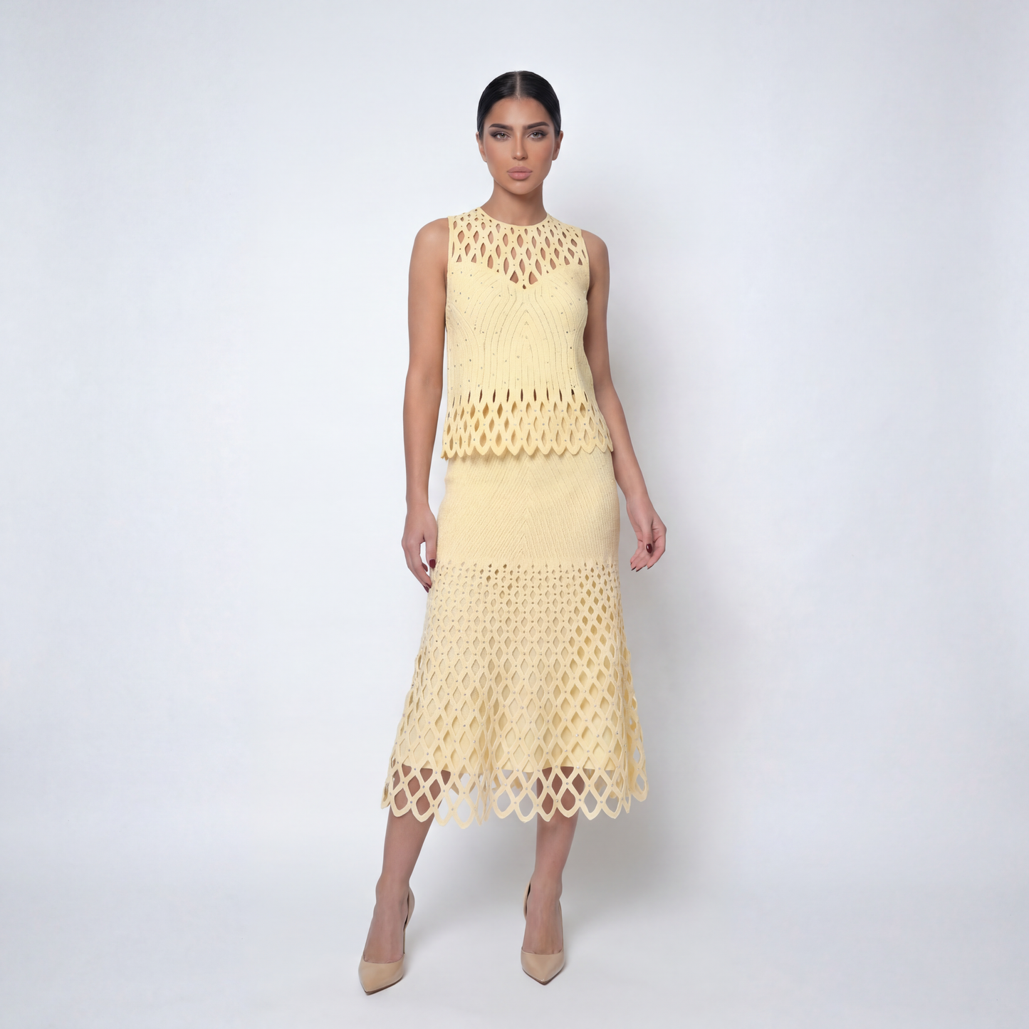Elegant Corchet 	Knit Three-Piece Set