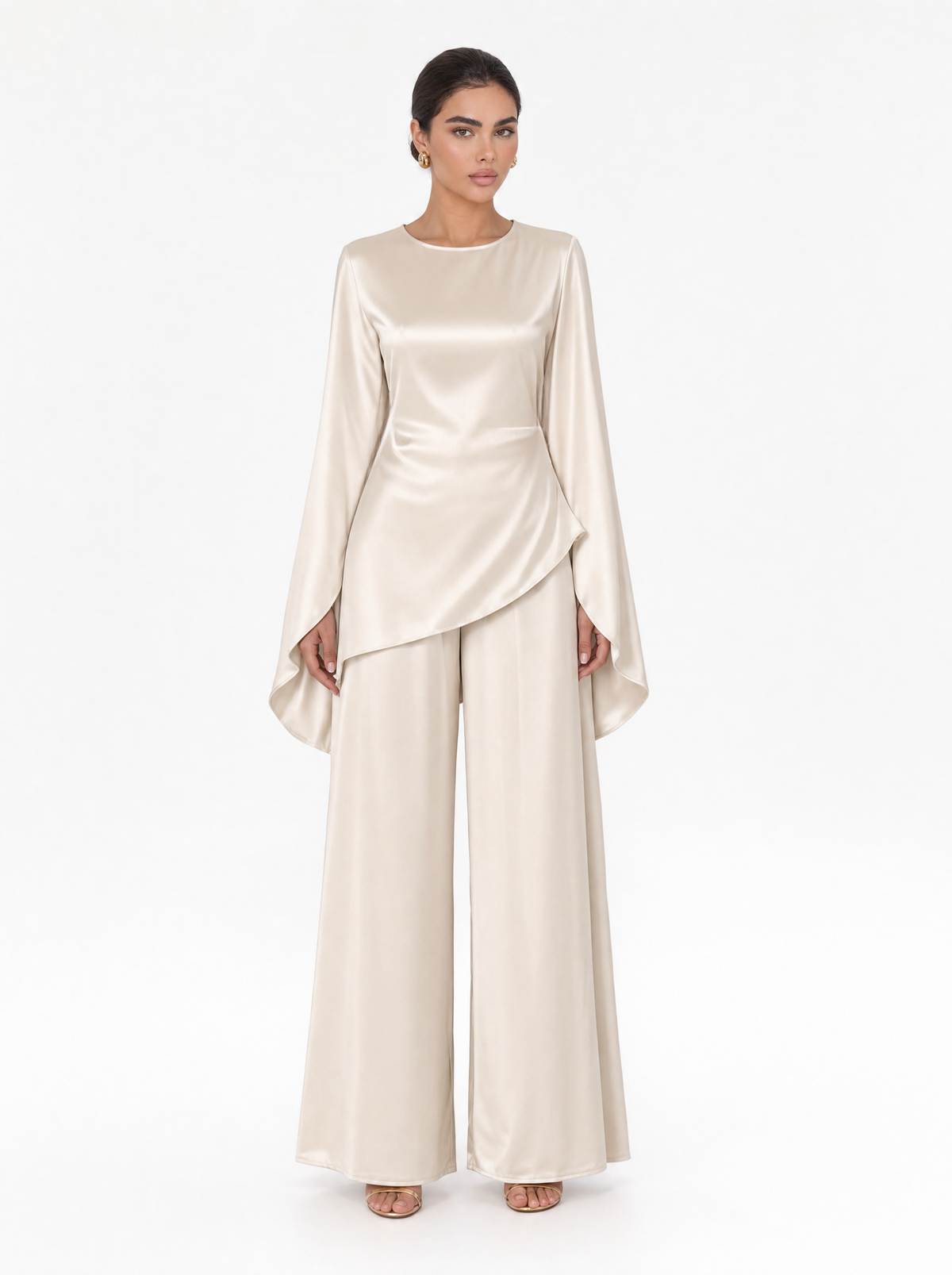 Satin Cape Sleeve Top & Wide Leg Trouser Co-ord Set