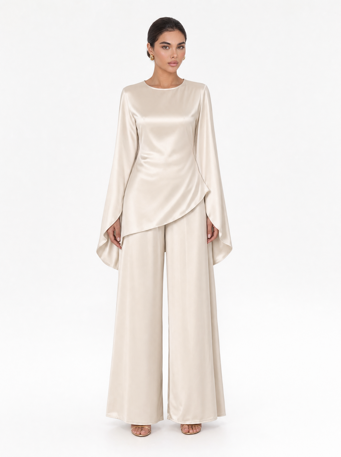 Satin Cape Sleeve Top & Wide Leg Trouser Co-ord Set