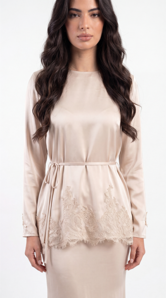 Lace Applique Satin Top & Skirt