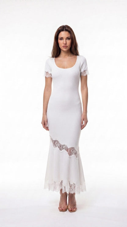 Ribbed Lace-Trim Mermaid Maxi Dress