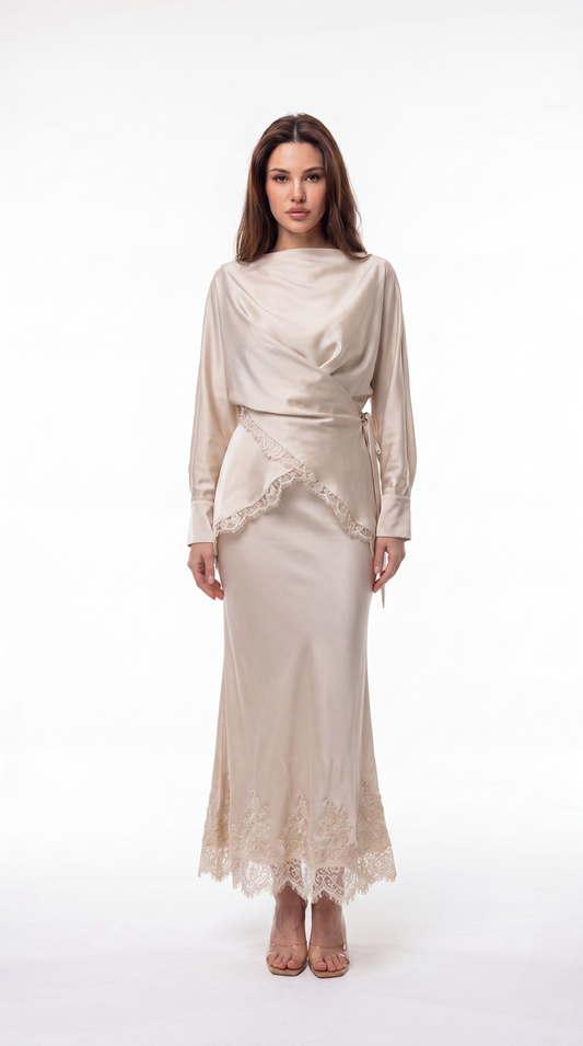 Draped Wrap Satin Top & Midi Skirt Set