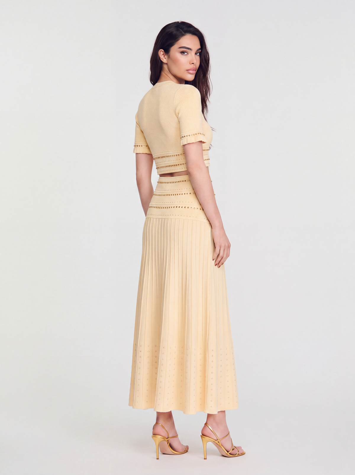 Knit Embellished Crop Top & Pleated Maxi Skirt Set