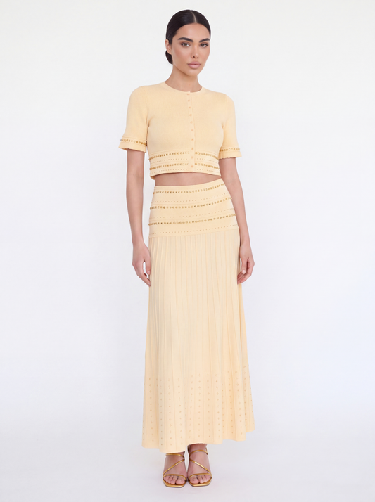 Knit Embellished Crop Top & Pleated Maxi Skirt Set