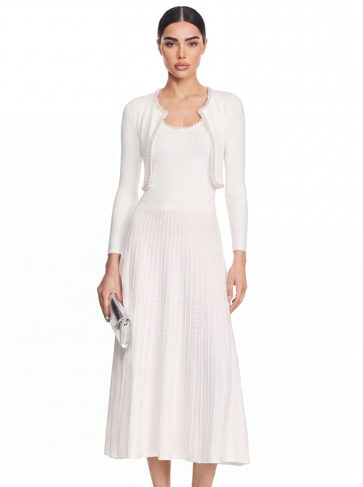 Knit Bolero Jacket, Tank Top & Pleated Midi Skirt Set