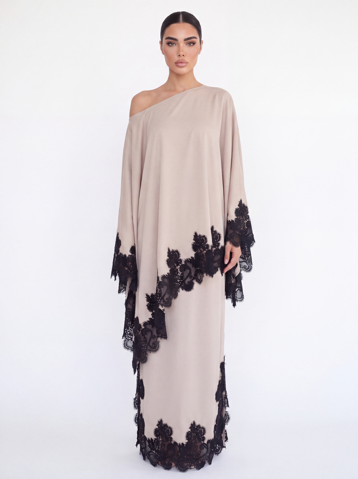 Satin Lace Trim Cape Top & Maxi Skirt Set