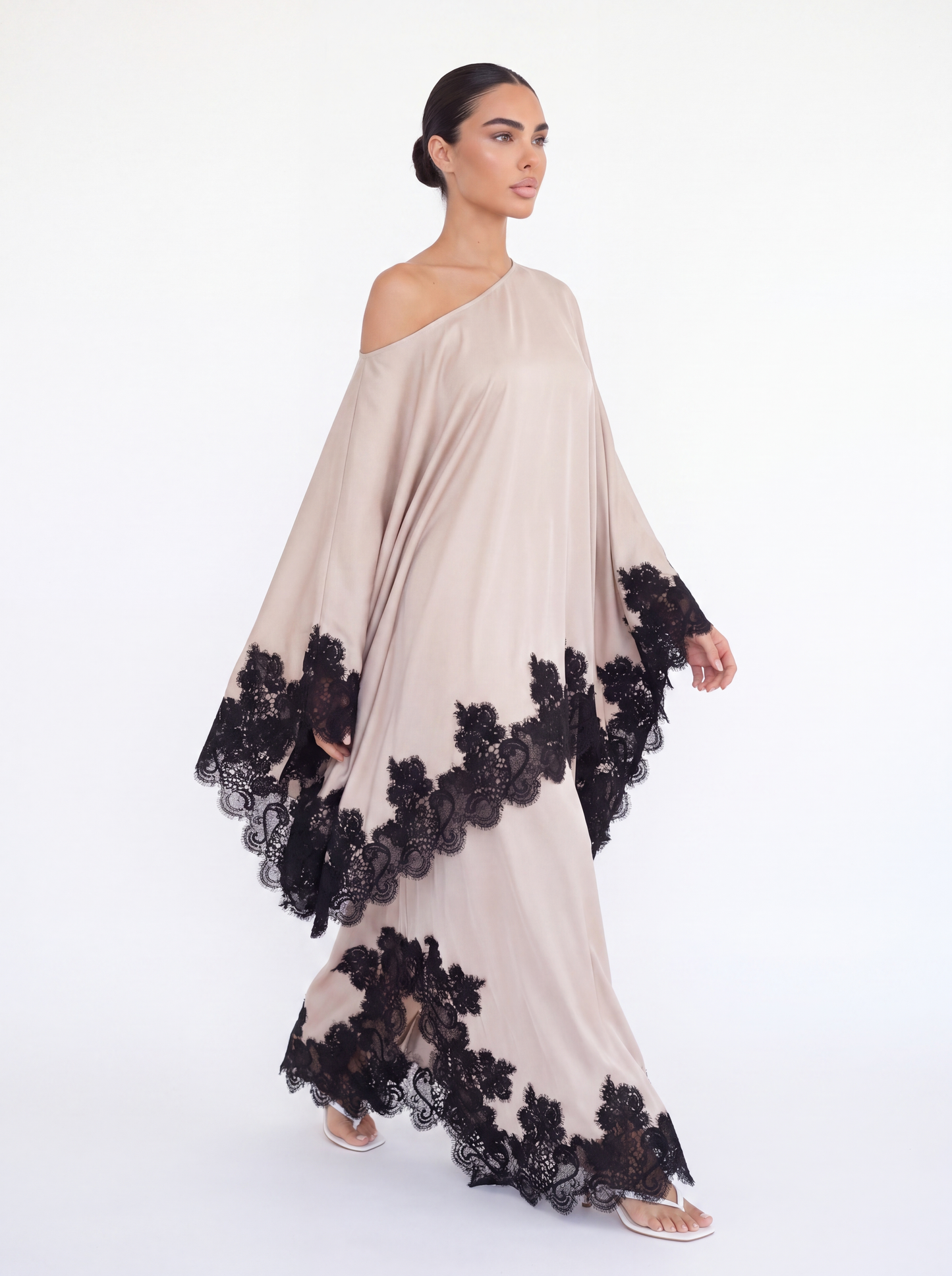 Satin Lace Trim Cape Top & Maxi Skirt Set