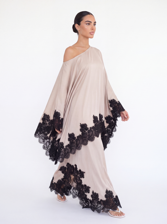 Satin Lace Trim Cape Top & Maxi Skirt Set