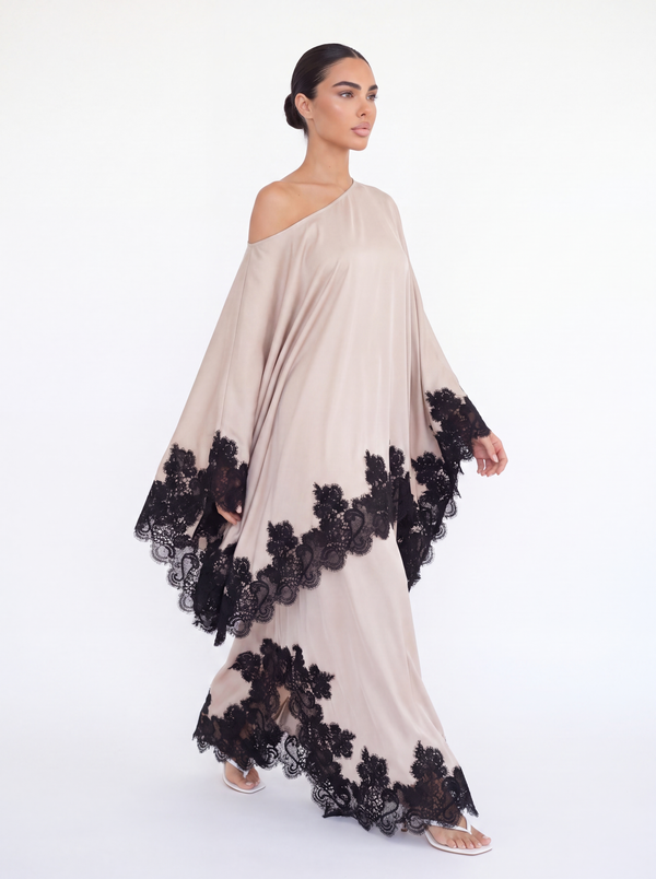 Satin Lace Trim Cape Top & Maxi Skirt Set
