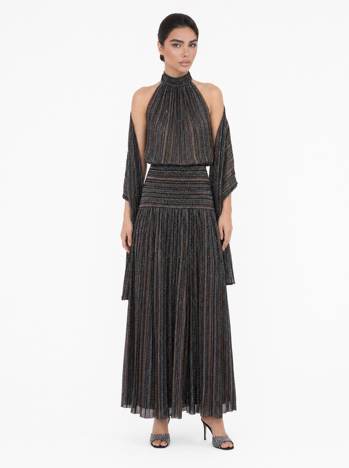 Lurex Stripe Halter Neck Pleated Maxi Dress