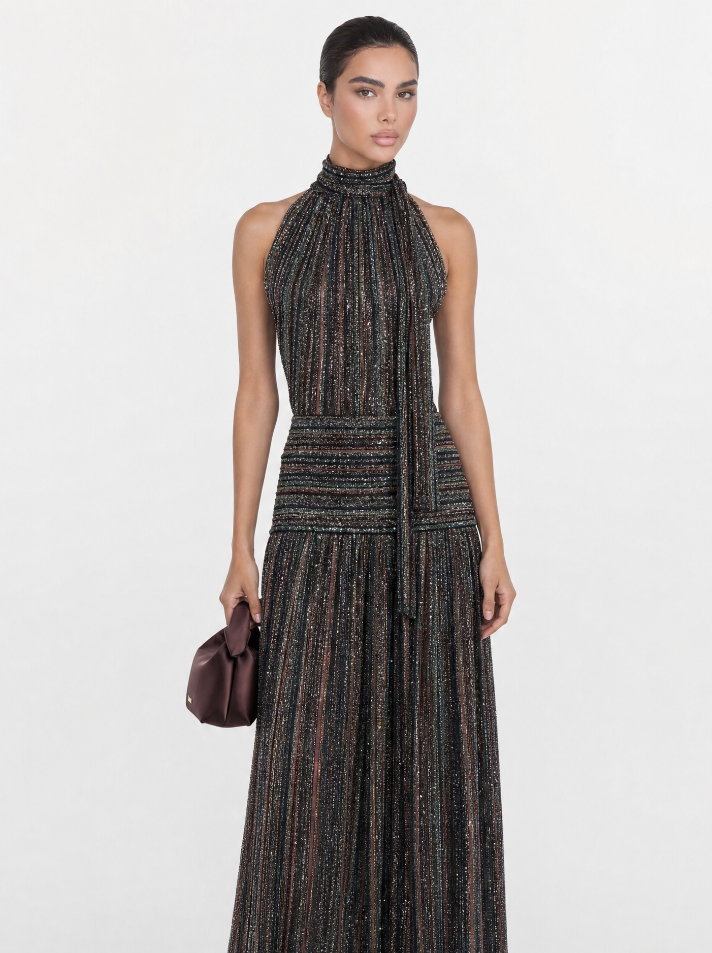 Lurex Stripe Halter Neck Pleated Maxi Dress