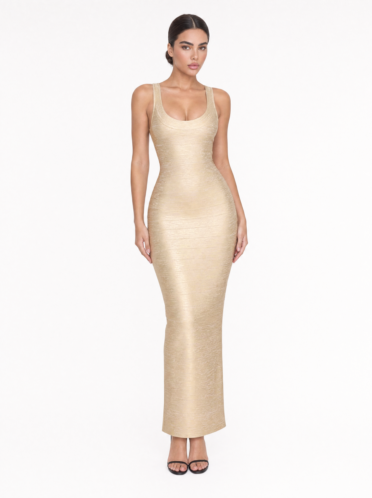Metallic Scoop Neck Sleeveless Bodycon Maxi Dress