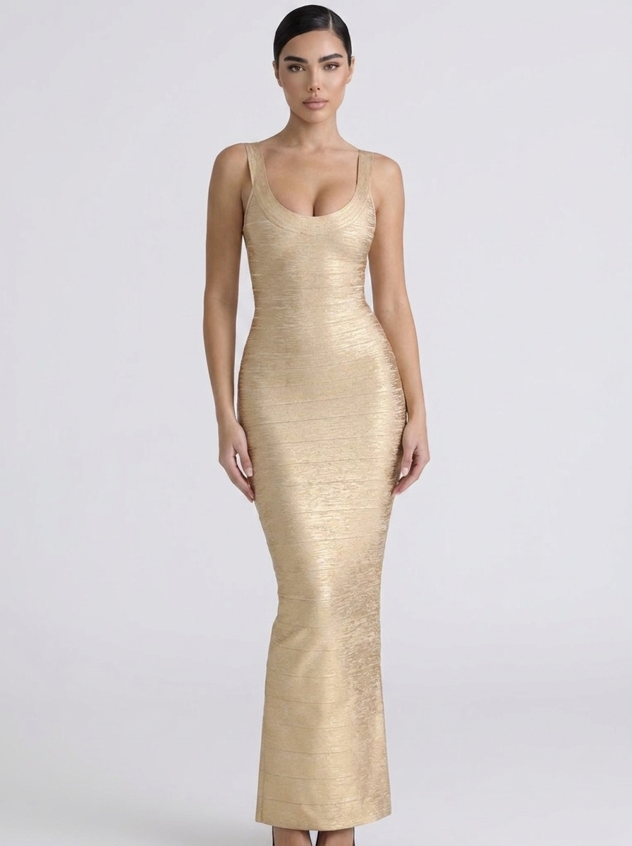 Metallic Scoop Neck Sleeveless Bodycon Maxi Dress