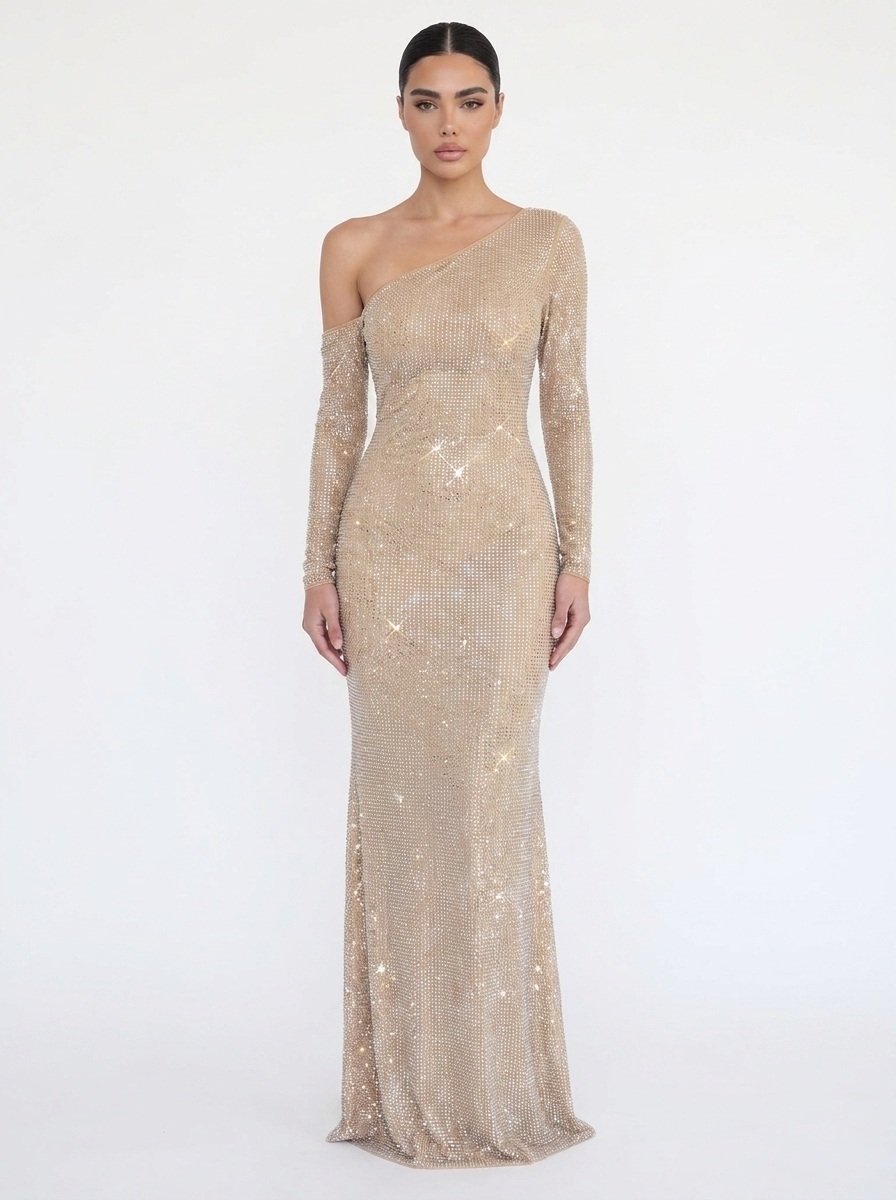 Sequin One-Shoulder Long Sleeve Bodycon Maxi Dress