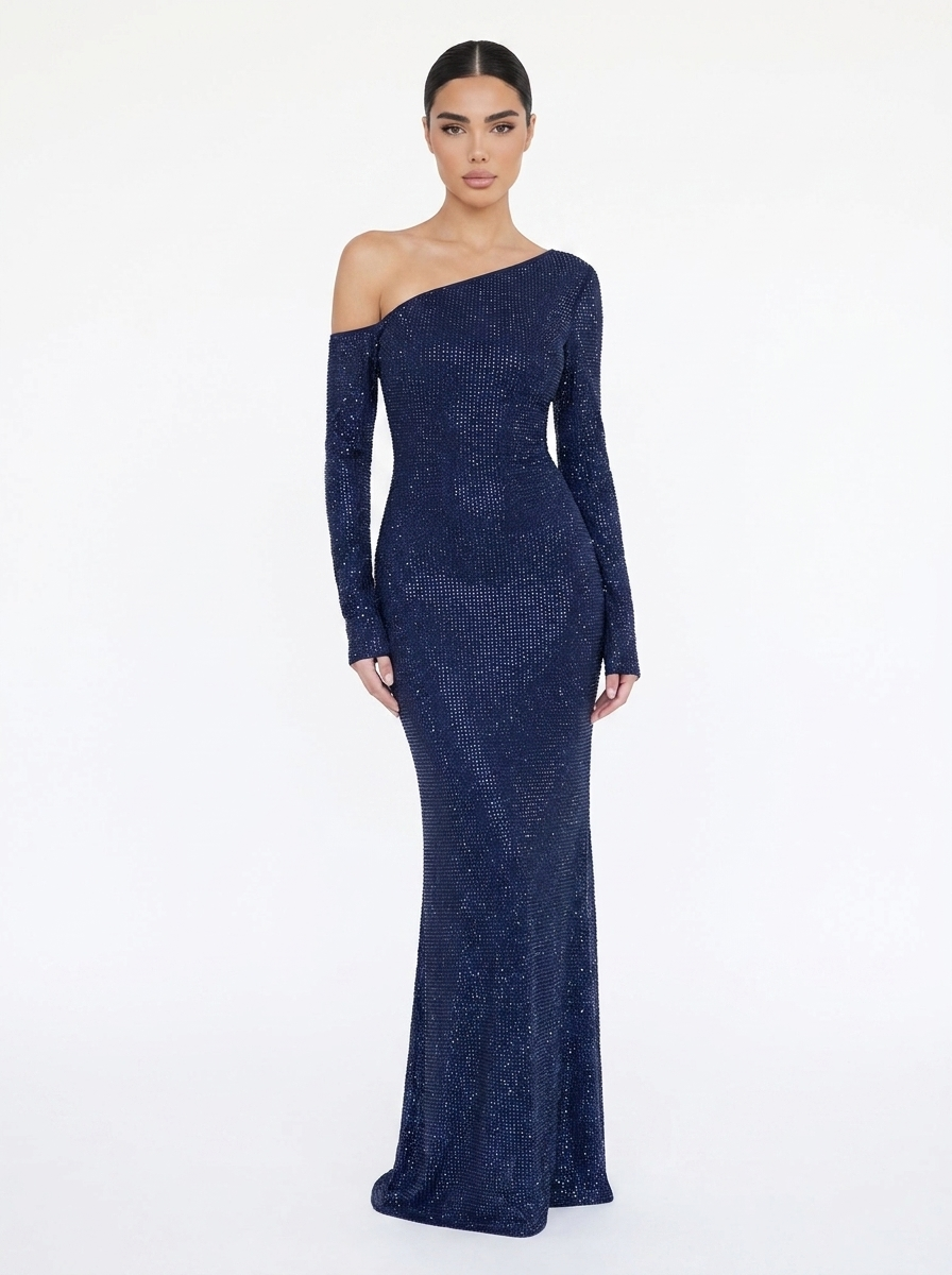 Sequin One-Shoulder Long Sleeve Bodycon Maxi Dress