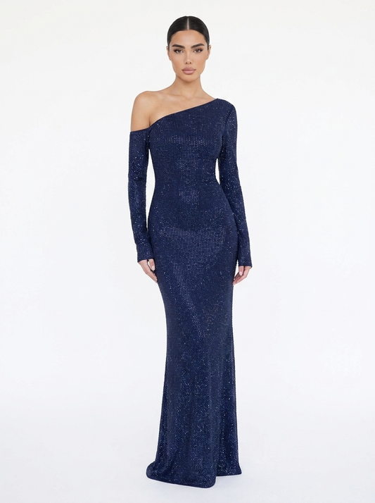 Sequin One-Shoulder Long Sleeve Bodycon Maxi Dress