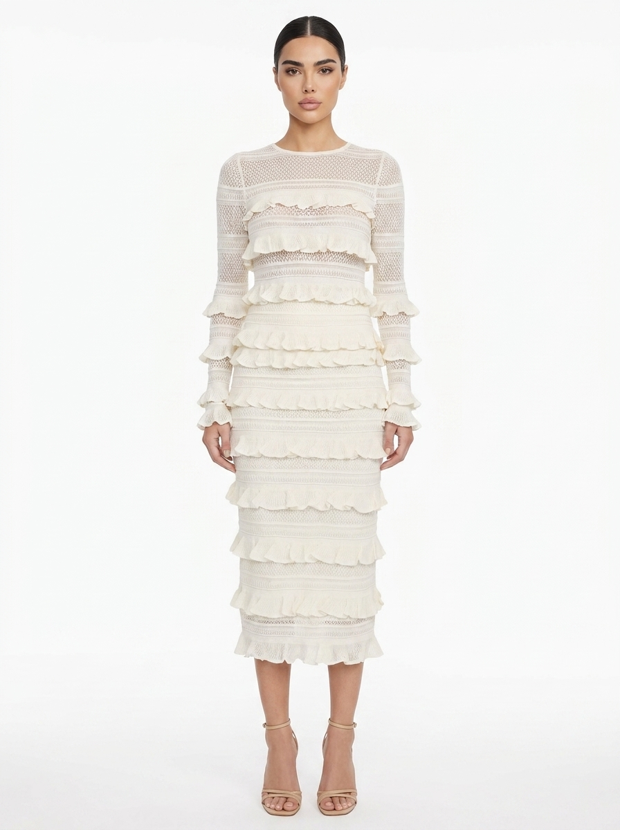 Tiered Ruffle Long Sleeve Knit Midi Dress