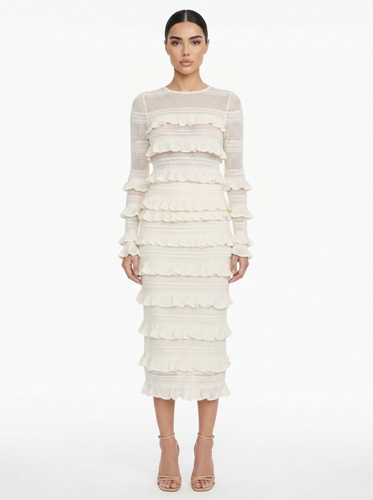 Tiered Ruffle Long Sleeve Knit Midi Dress