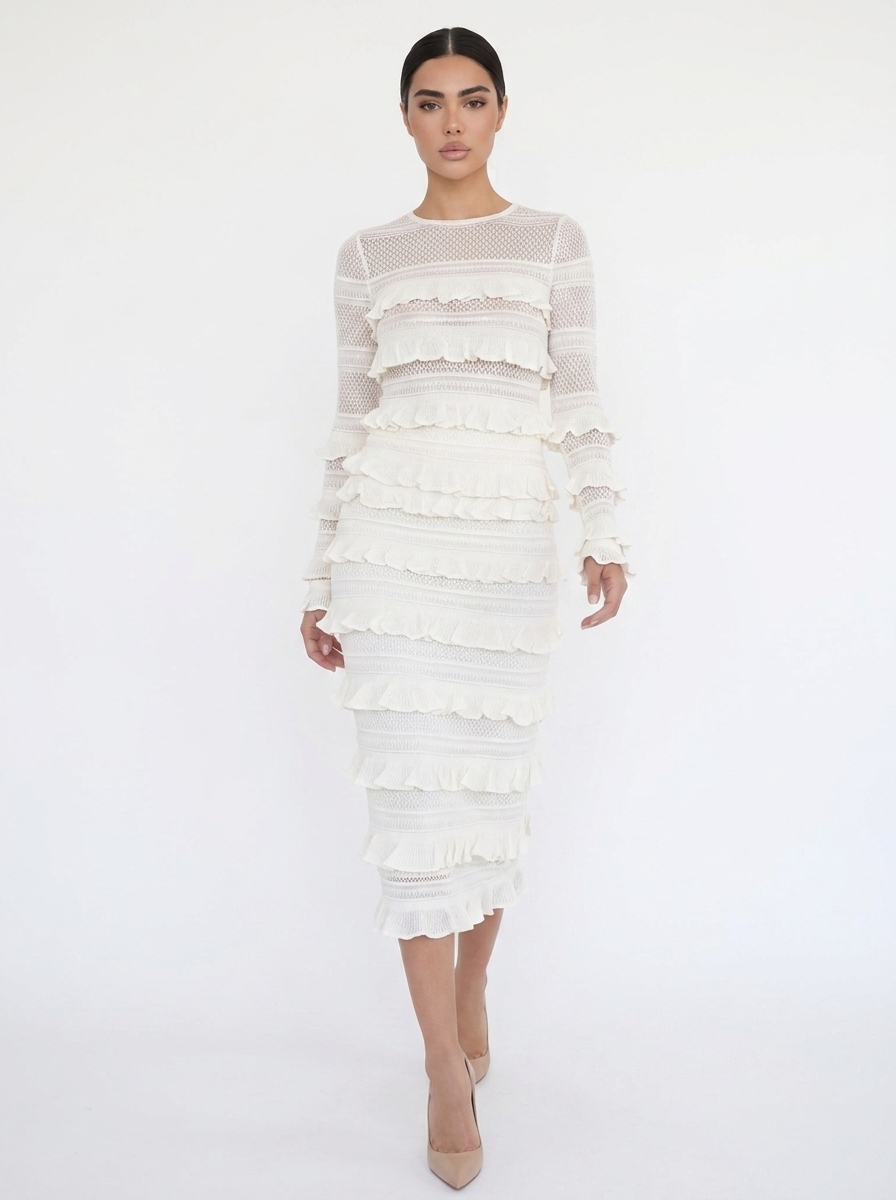 Tiered Ruffle Long Sleeve Knit Midi Dress