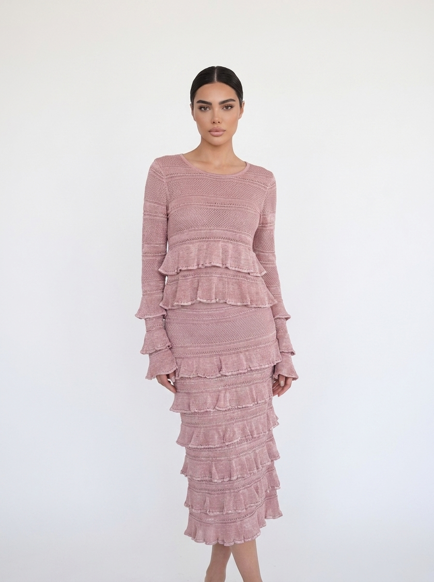 Tiered Ruffle Long Sleeve Knit Midi Dress