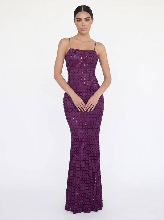 Square Mirror Embellished Mermaid Maxi Dress