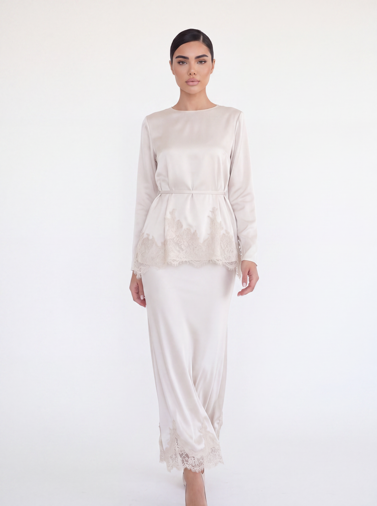 Satin Peplum Top & Lace Hem Maxi Skirt Set