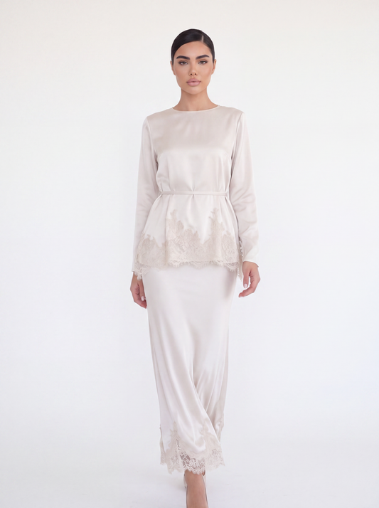 Satin Peplum Top & Lace Hem Maxi Skirt Set