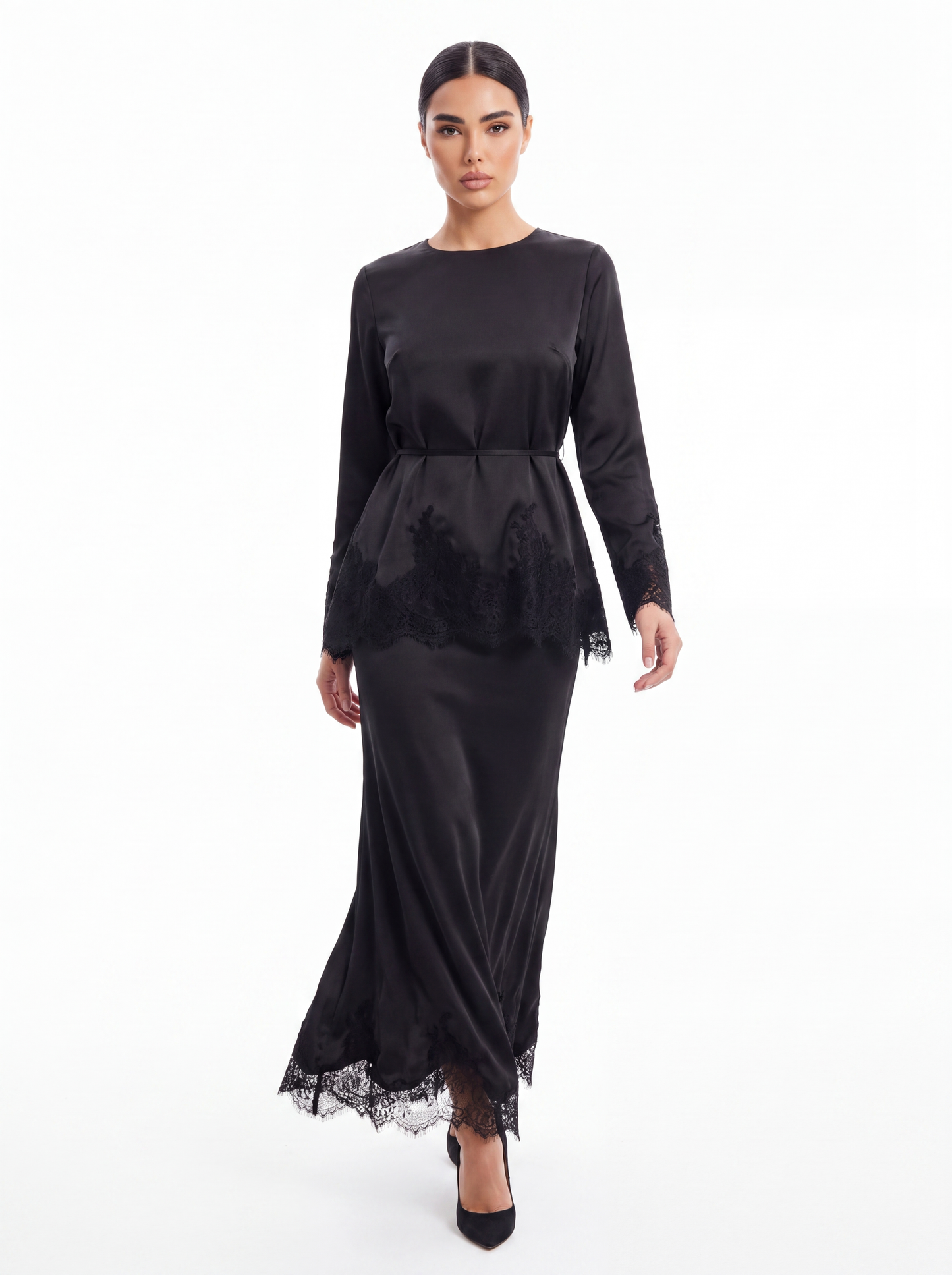 Satin Peplum Top & Lace Hem Maxi Skirt Set