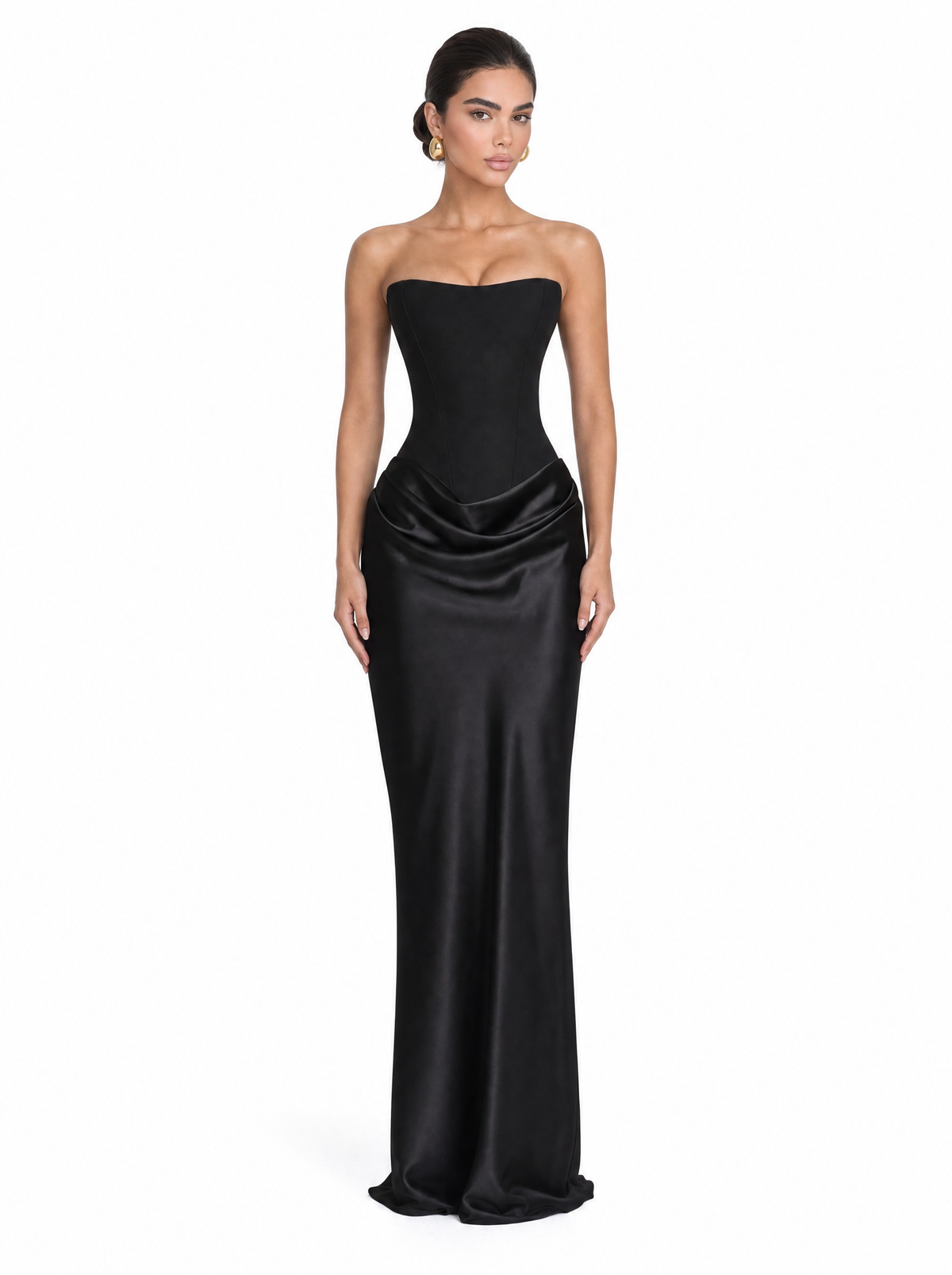 Strapless Corset Lace-Up Back Satin Draped Maxi Dress